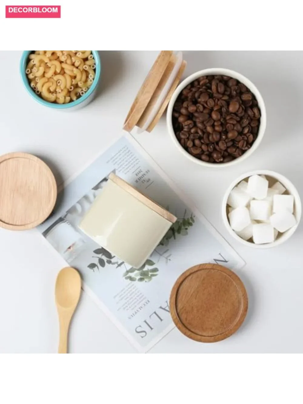 Ceramic Food Storage Canister with Airtight Wooden Lid Stackable